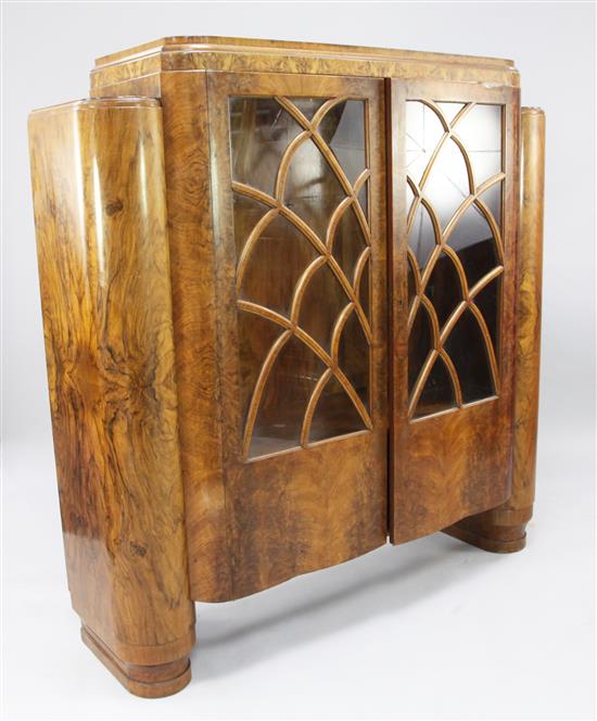 An Art Deco walnut display cabinet, W.4ft 9in.